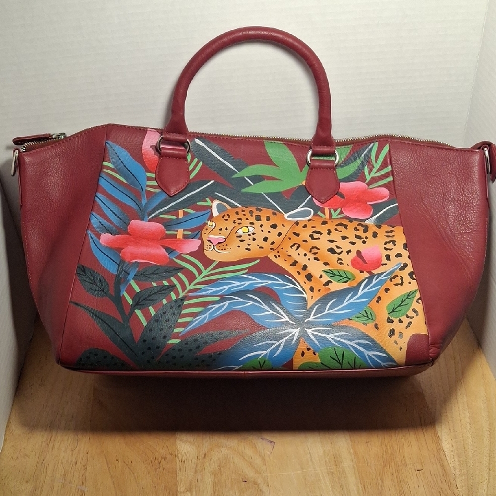 Sukriti Red Leather Crossbody Tote Bag with Jungle Print